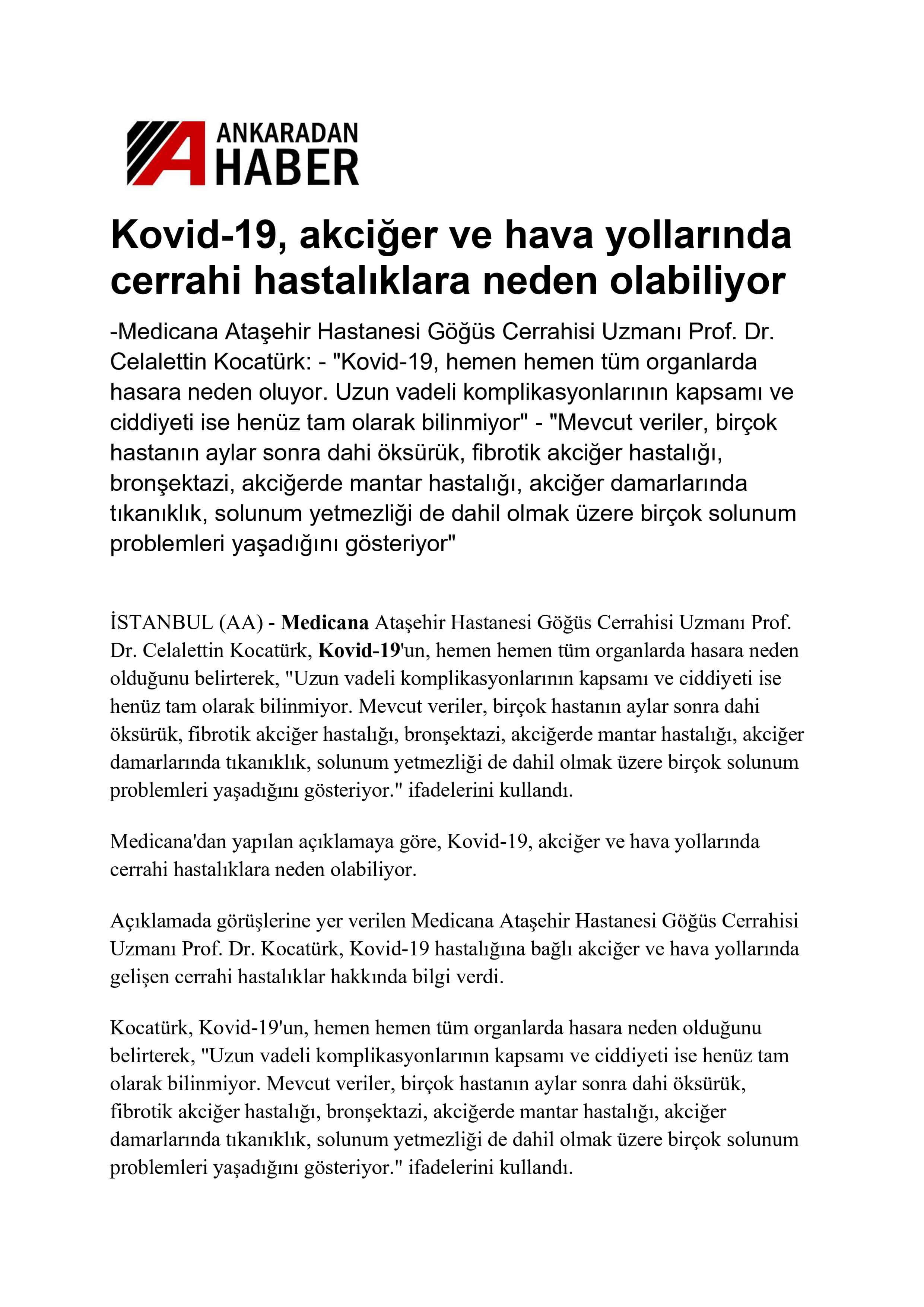 Kovid-19, akciğer ve hava yollarında cerrahi hastalıklara neden olabiliyor 15.09.2021 Ankaradan Haber