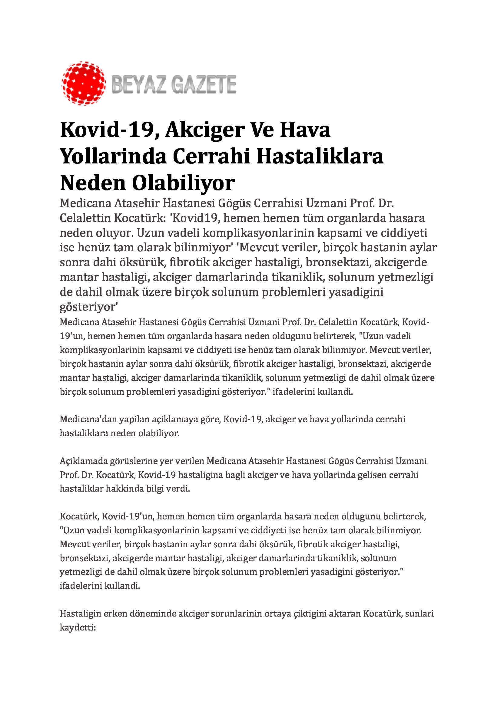 Kovid-19, Akciger Ve Hava Yollarinda Cerrahi Hastaliklara Neden Olabiliyor 15.09.2021 Beyaz Gazete