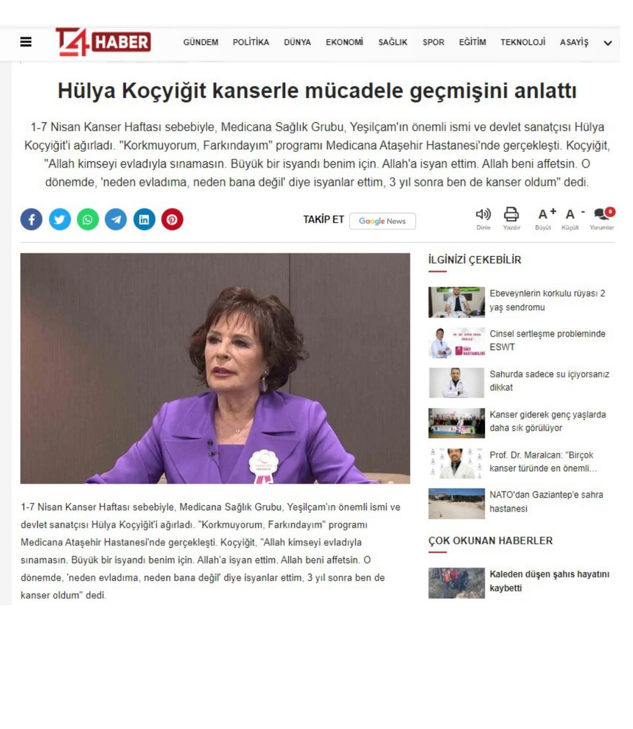 T4 HABER-Hülya Koçyiğit kanserle mücadele