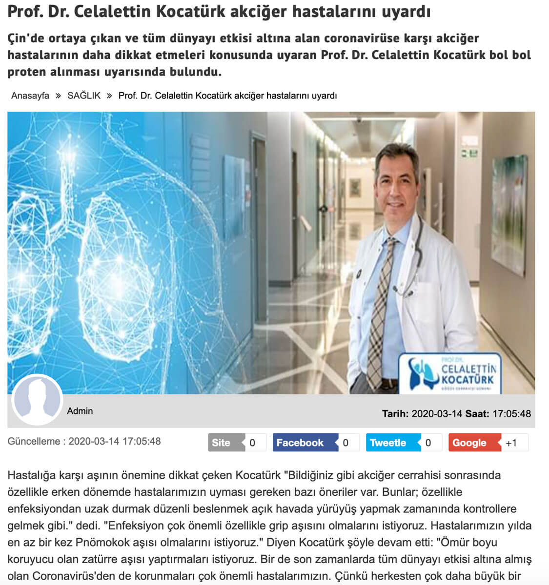 Prof. Dr. Celalettin Kocatürk akciğer hastalarını uyardı