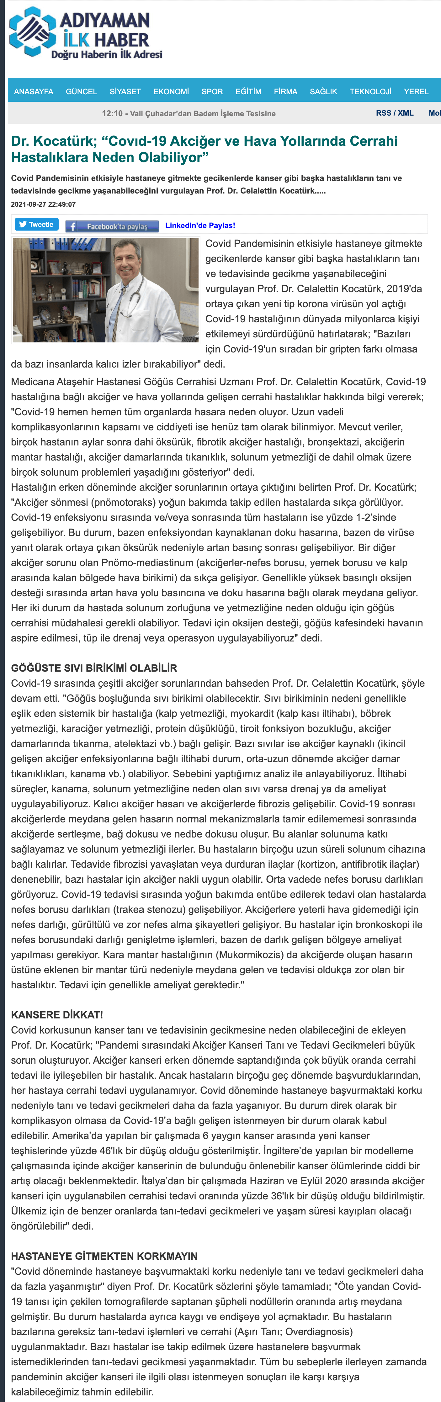 Kovid-19, akciğer ve hava yollarında cerrahi hastalıklara neden olabiliyor 27.09.2021 Adıyaman İlk Haber